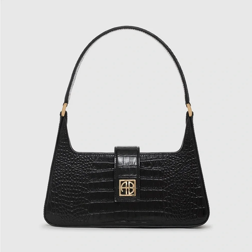 Anine Bing Lou Croc-Embossed Shoulder Bag Black New